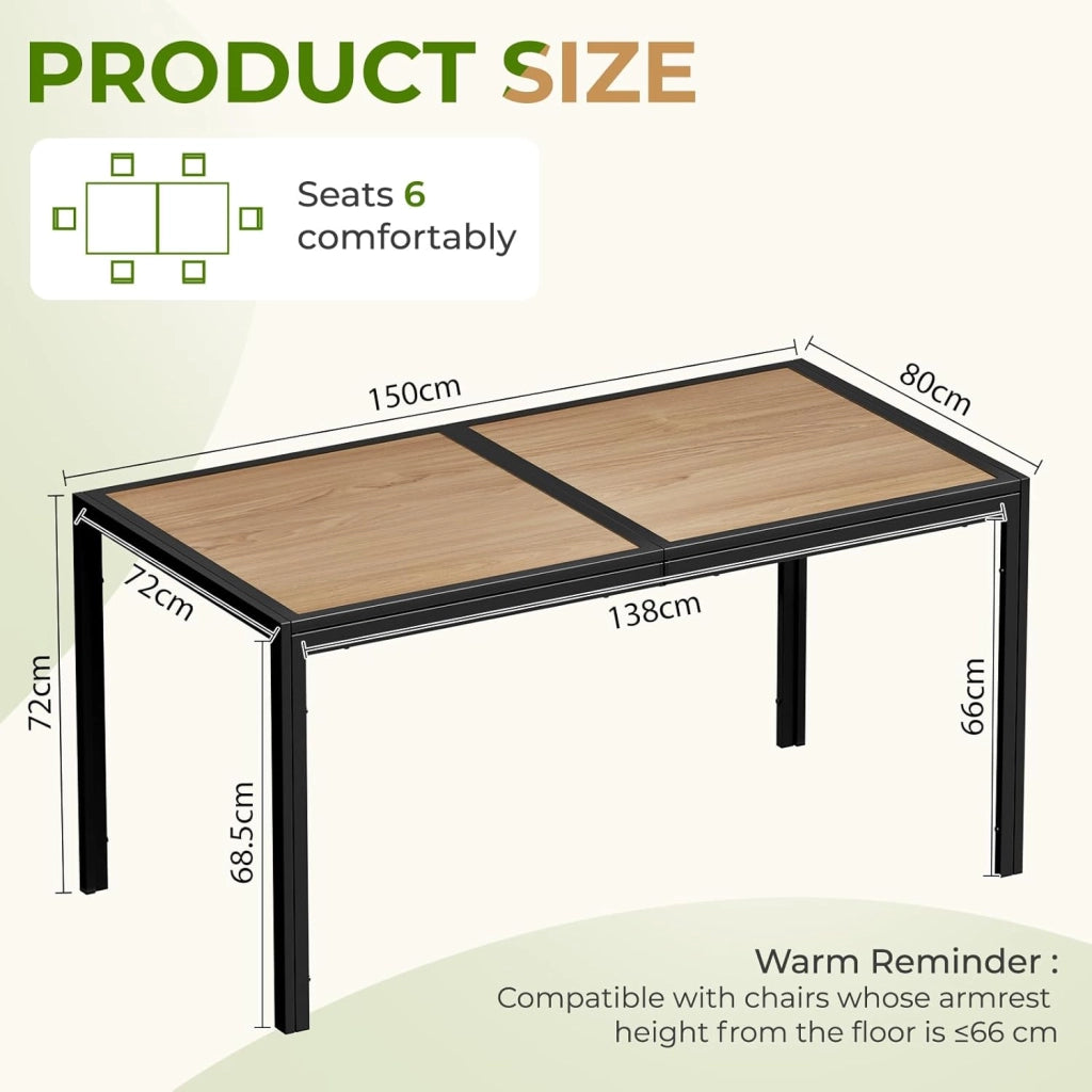 Tavolo da Giardino Grande 150×80×72cm DPC, Tavolo da Balcone Rettangolare, Tavolo da Pranzo per Esterno con Struttura in Metallo e Piedini Antiscivolo, per 4-6 Persone, Nero