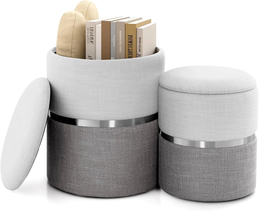 Set di 2 pouf a sacco rotondo bicolore, sgabello estraibile imbottito con ripostiglio, poggiapiedi, capacità 32 L e 21 L, tavolino compatto per soggiorno, camera da letto, ufficio