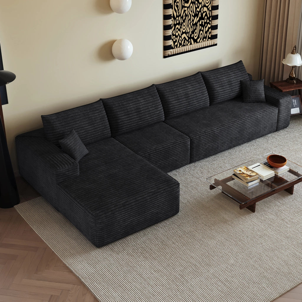 Divano modulare angolare con chaise longue e schiuma elastica in velluto a coste nero