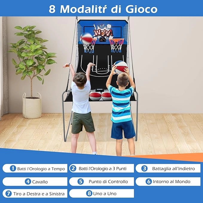 Macchina da Pallacanestro Elettronica, Canestro Basket da Camera a Doppio Tiro Pieghevole con Punteggio Elettronico, 4 Palle, 8 Modalità di Gioco e 2 Canestri (Blu 2)