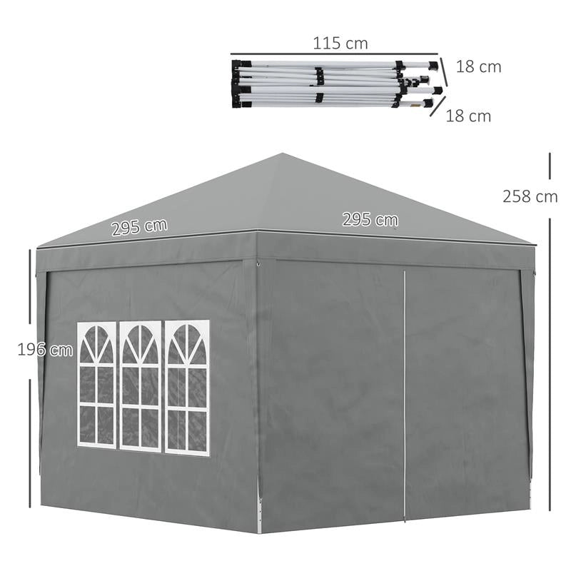 GAZEBO DA ESTERNO 3X3 M PIEGHEVOLE CON 4 PANNELLI LATERALI IN ACCIAIO E TESSUTO OXFORD GRIGIO CHIARO