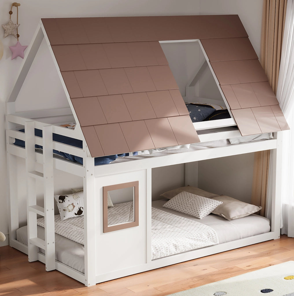 Letto a castello a casetta 140x200 cm con tetto e scala; bianco e marrone