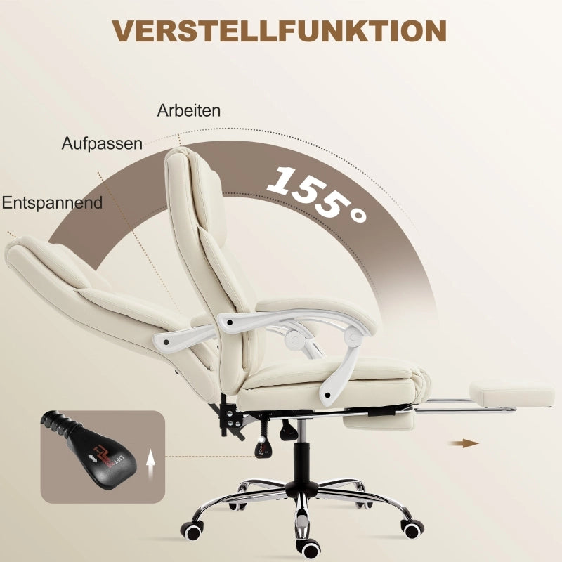 Sedia da ufficio reclinabile con poggiapiedi girevole 360° in pelle sintetica beige 64 × 73 × 112-120 cm