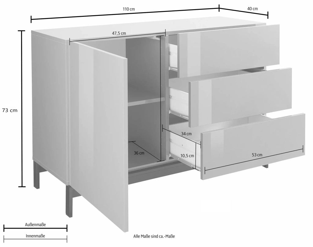 Credenza madia soggiorno 110cm con anta e 3 cassetti bianco lucido Metis Up Three
