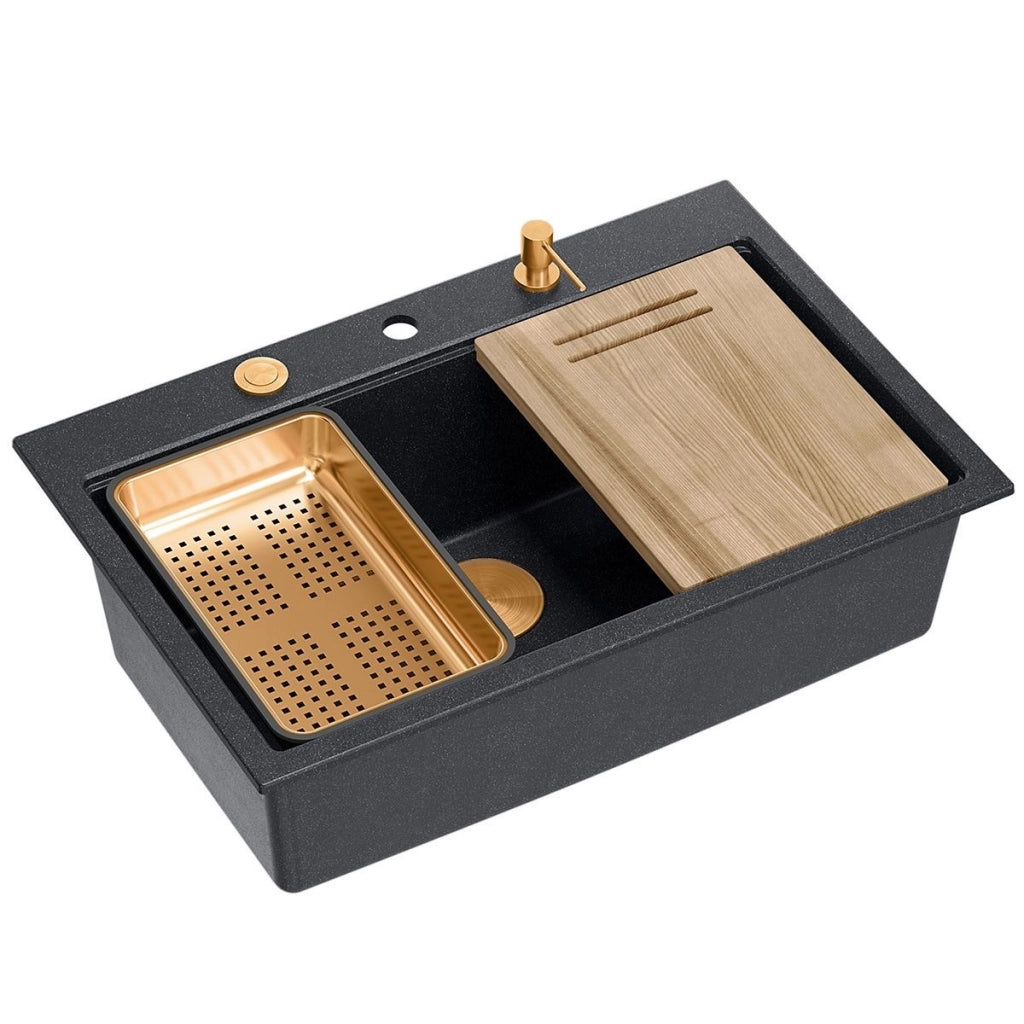 Lavello In Granito Marc 110 Workstation Black Metallic Tappo acciaio