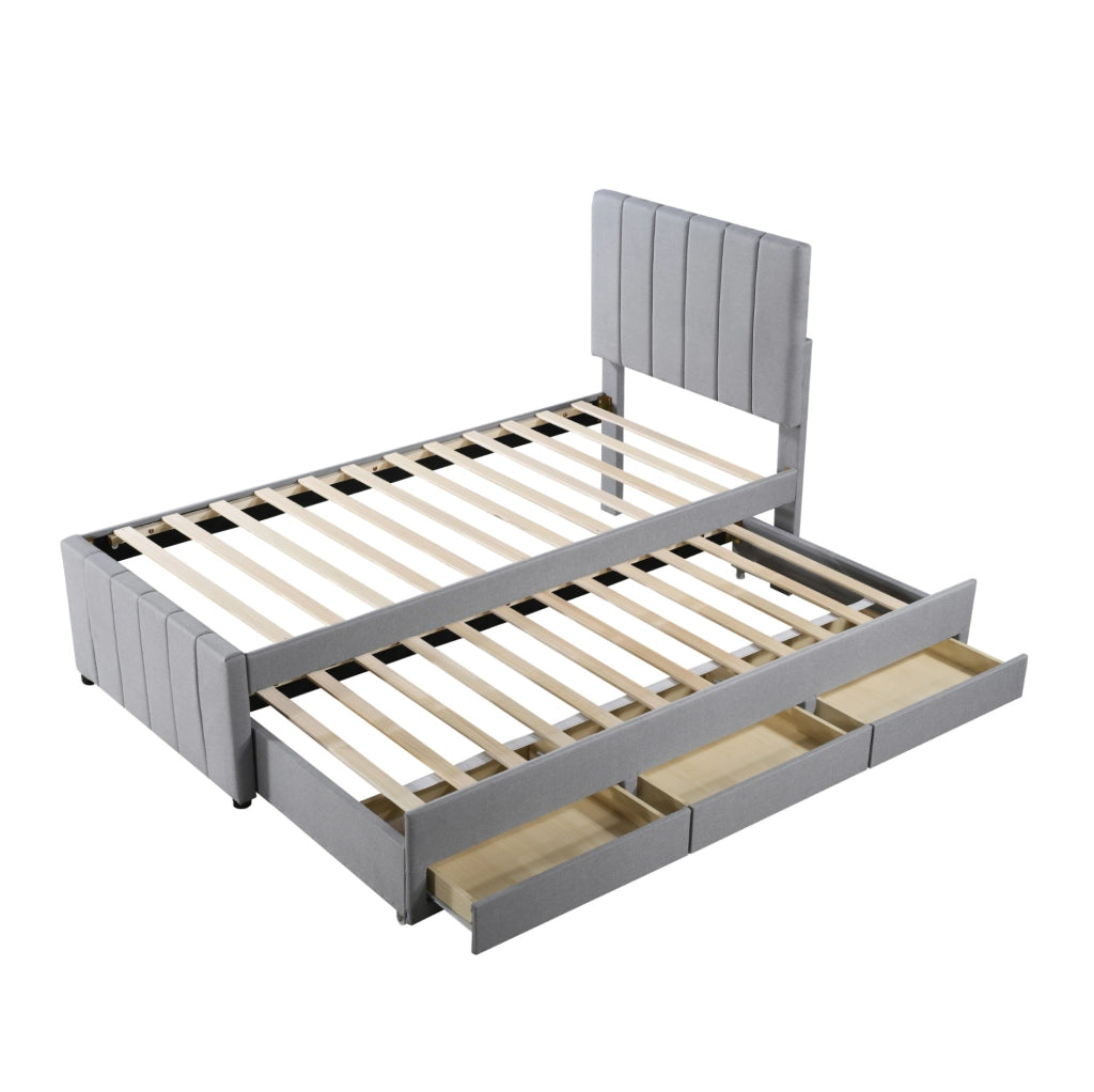 Letto singolo imbottito ULEVR 90x200 cm con letto estraibile 90x190 e 3 cassetti, tessuto grigio