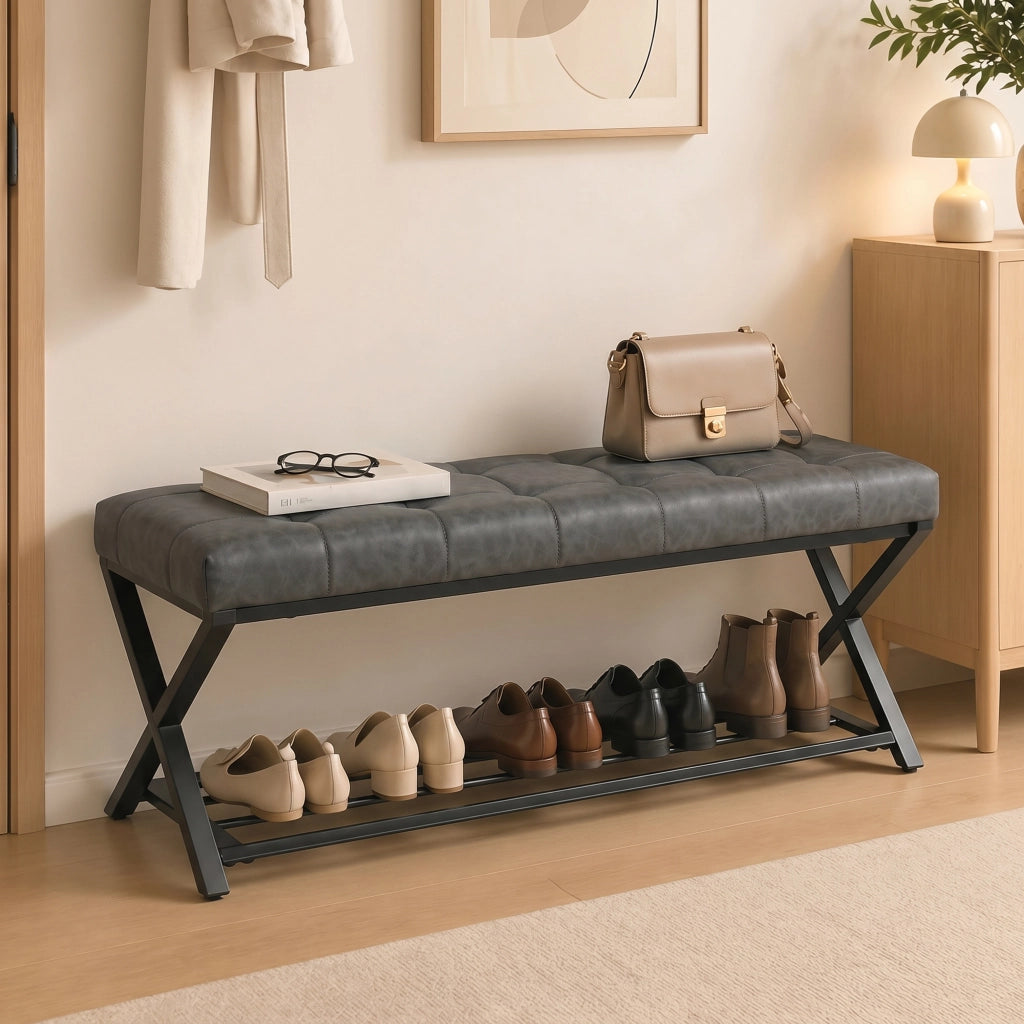 Panca Ingresso con Seduta in Pelle Sintetica ¨C zephmum ¨C Grigio Scuro 112x37x47 cm