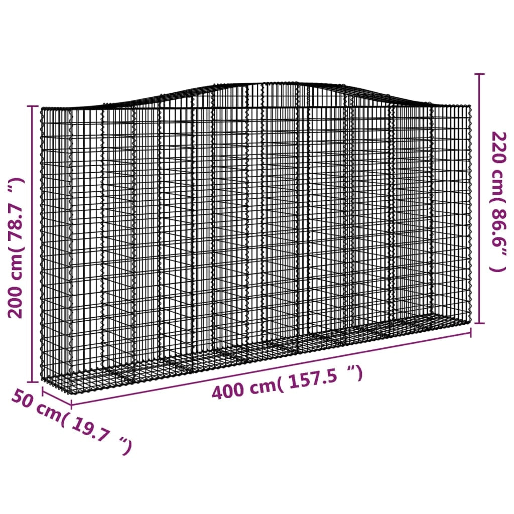 Cestini gabbioni recinzione a gabbia muro di contenimento ad arco 6 pezzi 400 x 50 x 200/220 cm ferro zincato argento 02_0041058