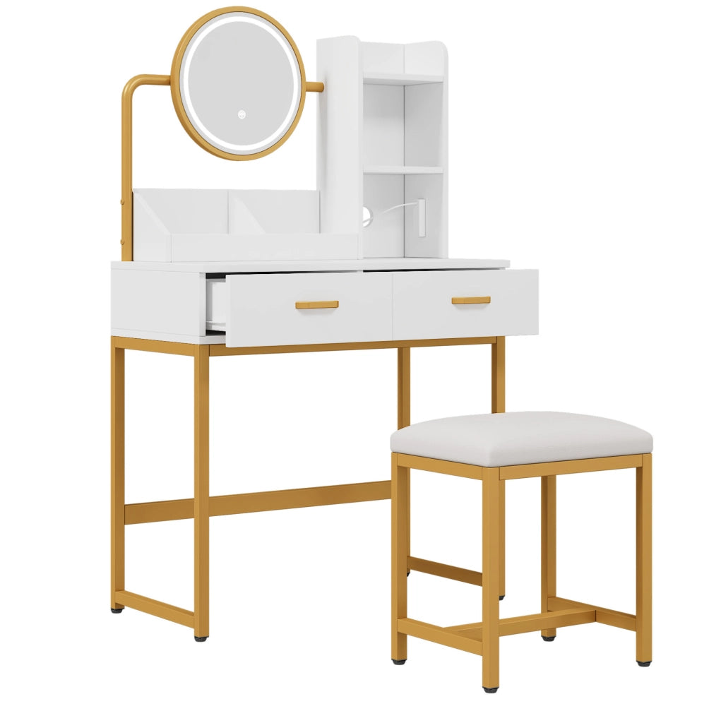 Toeletta con specchio LED; prese e USB; portaphon; 80 x 40 x 138;5 cm; bianco e oro