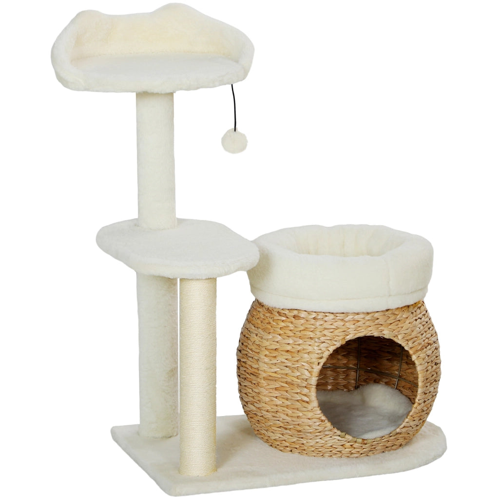 Tiragraffi per gatti 79 cm con cuccia e lettini, bianco crema