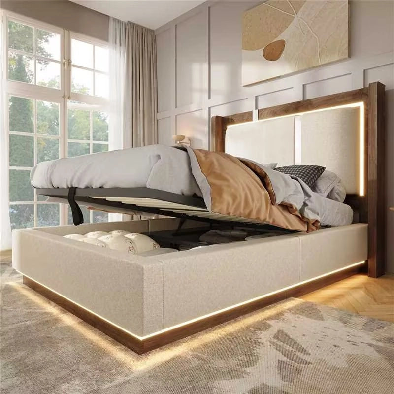 Letto Contenitore 90 x 200 cm - LED Regolabile e Testiera Imbottita - Beige e Noce