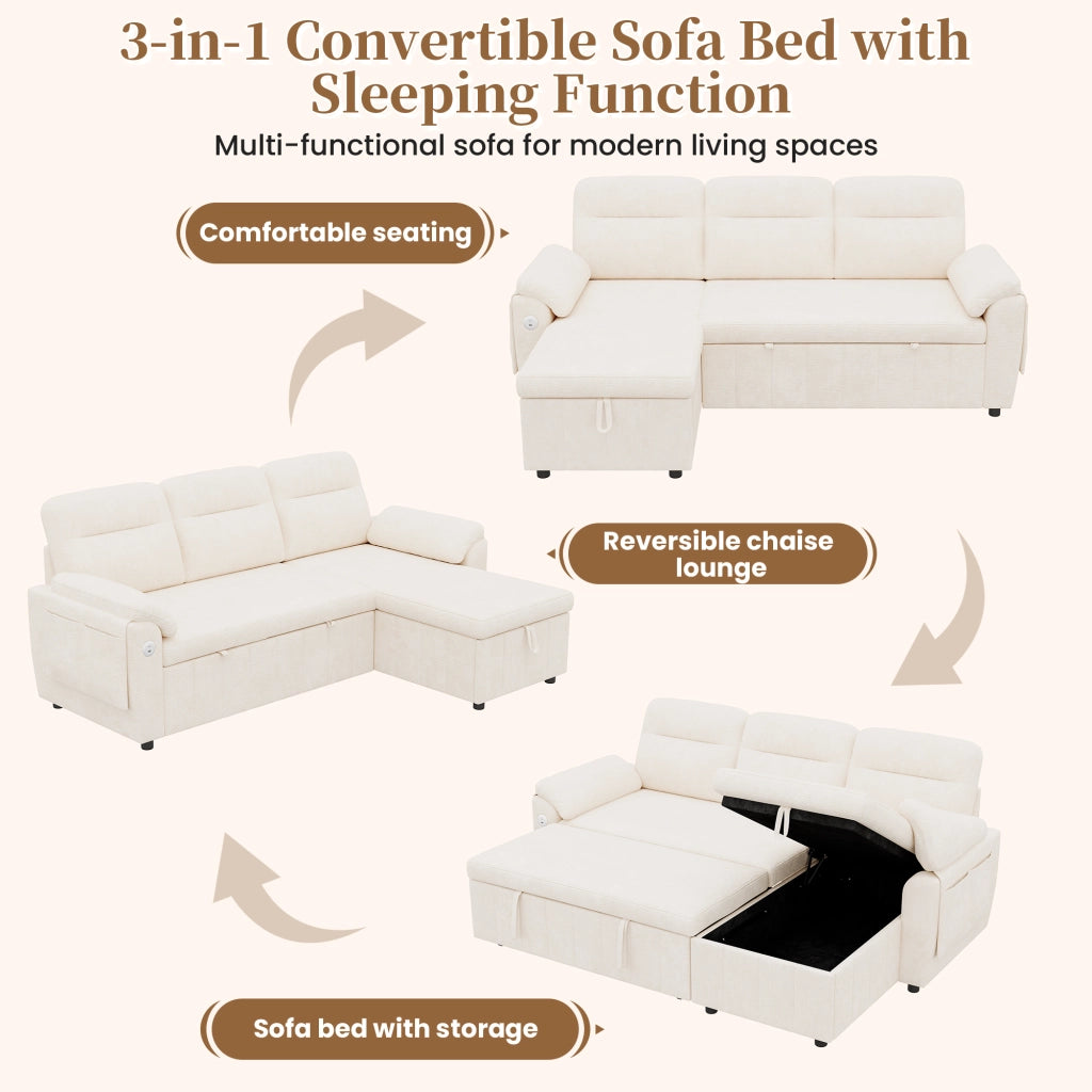 Divano angolare convertibile con letto estraibile chaise longue reversibile con contenitore in chenille beige per casa