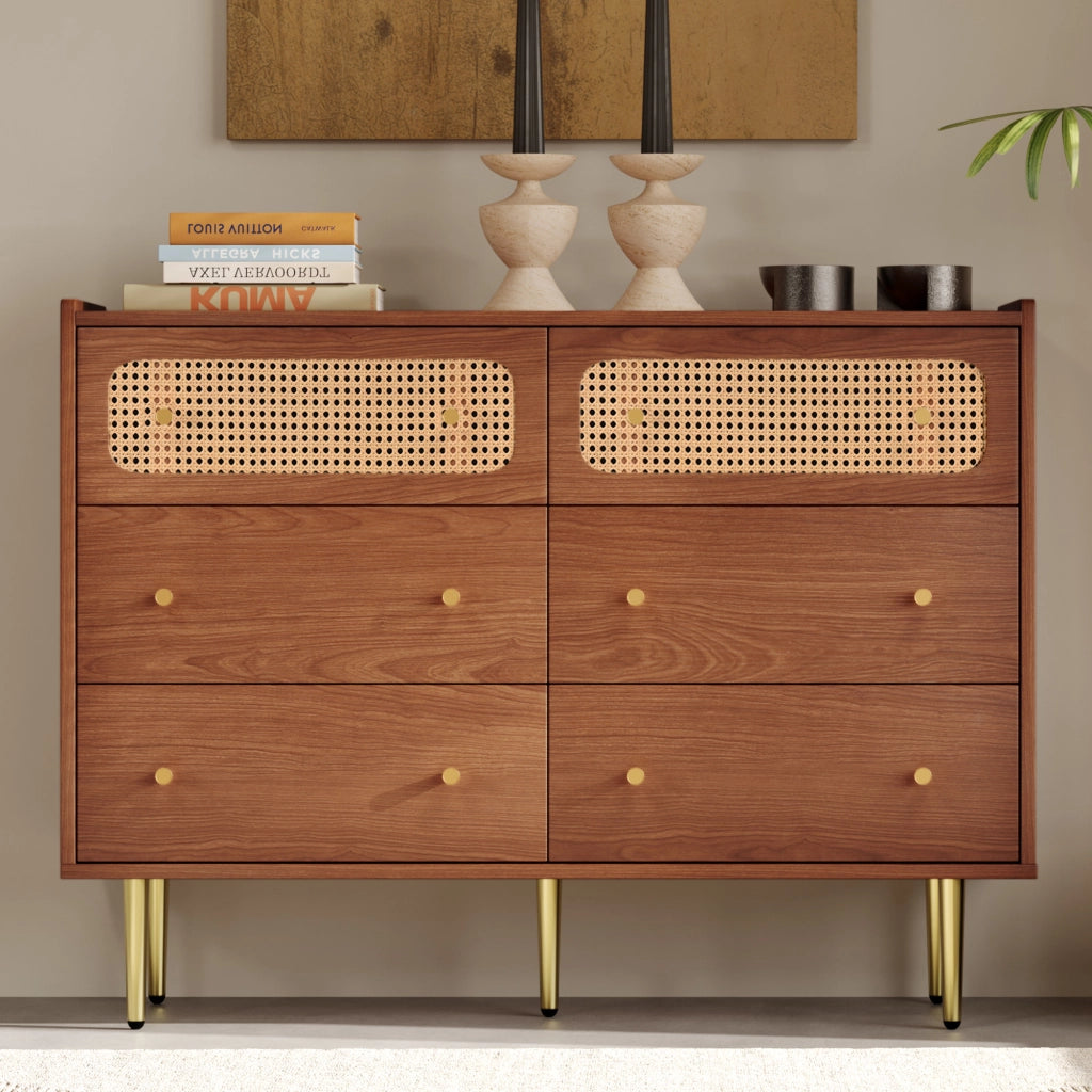 Cassettiera vintage a 6 cassetti in effetto noce con dettagli in rattan e gambe in metallo, 120 cm