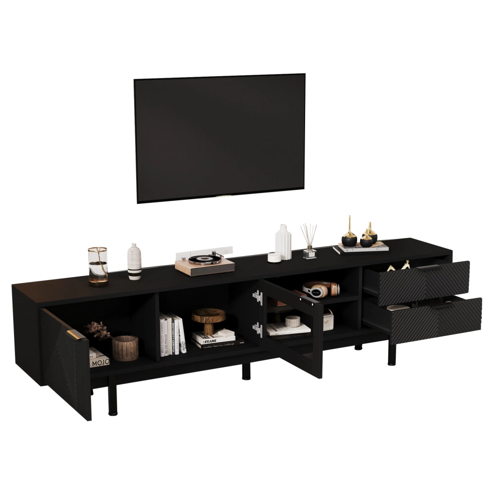 Mobile TV nero 200 cm con 2 ante, 2 cassetti e vetro