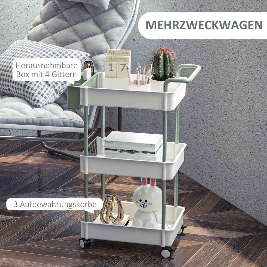 Carrello 3 Ripiani con Cesto Appendibile ¨C zephmum ¨C Bianco Metallo 50x30x77 cm