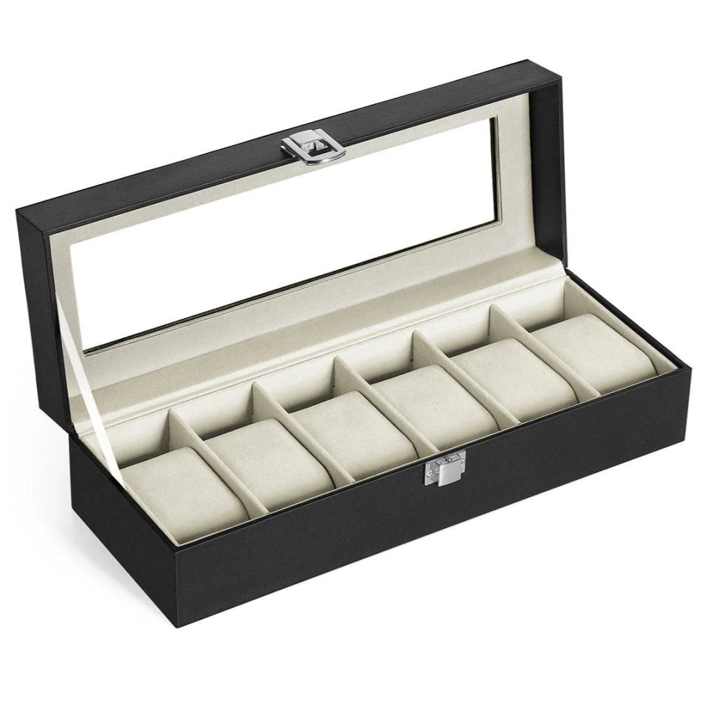 Scatola per orologi con 6 scomparti supporto per esposizione con coperchio in vetro rivestimento interno in velluto cuscino e chiusura 30 cm esterno nero interno beige 12_0002222