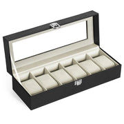 Scatola per orologi con 6 scomparti supporto per esposizione con coperchio in vetro rivestimento interno in velluto cuscino e chiusura 30 cm esterno nero interno beige 12_0002222