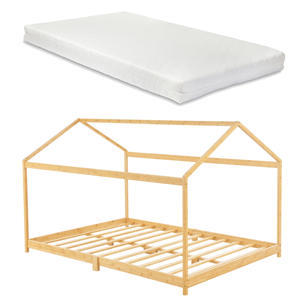 Letto per Cameretta ’Vindafjord’ a Forma di Casetta con Materasso 140x200 cm Bambù Naturale [en.casa]