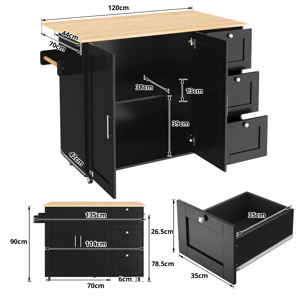 Carrello cucina mobile pieghevole con piano effetto rovere, 3 cassetti, armadio a 2 ante, ruote frenanti