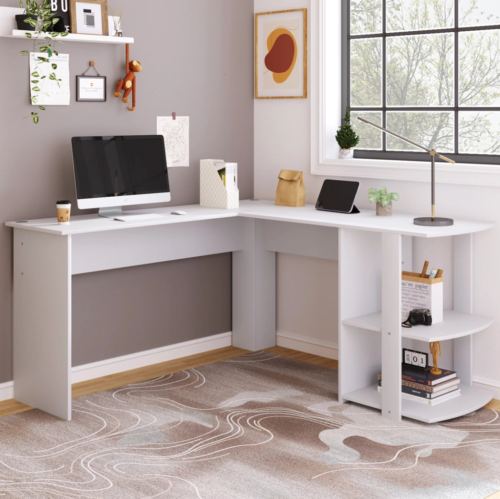 Scrivania angolare a L 140 x 140 cm bianca con 2 ripiani