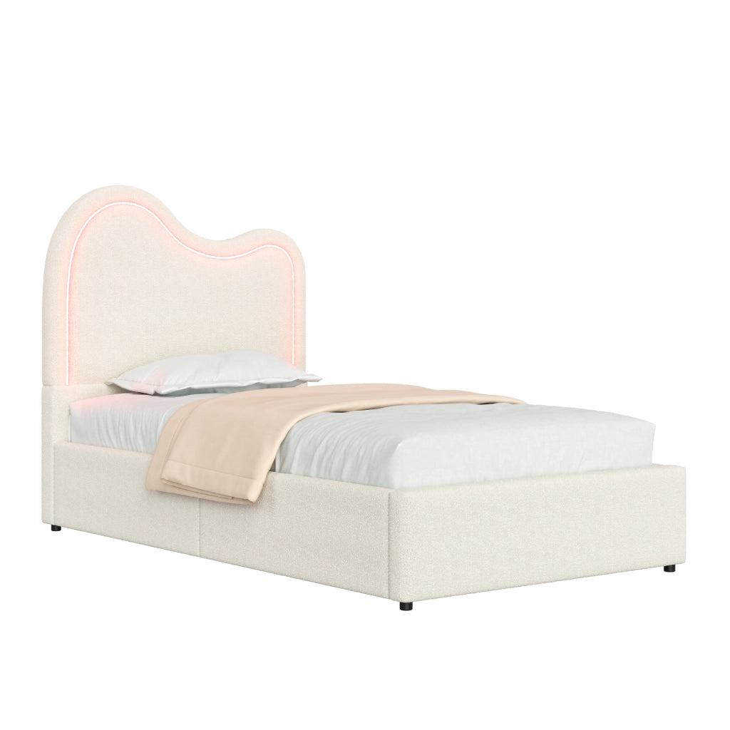 Letto imbottito 90x200 cm con contenitore e LED in bouclé bianco