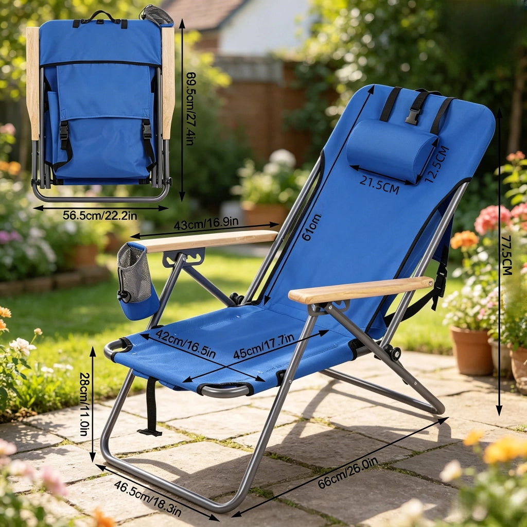 Sedia pieghevole da esterno blu con schienale reclinabile in 4 posizioni e design zaino