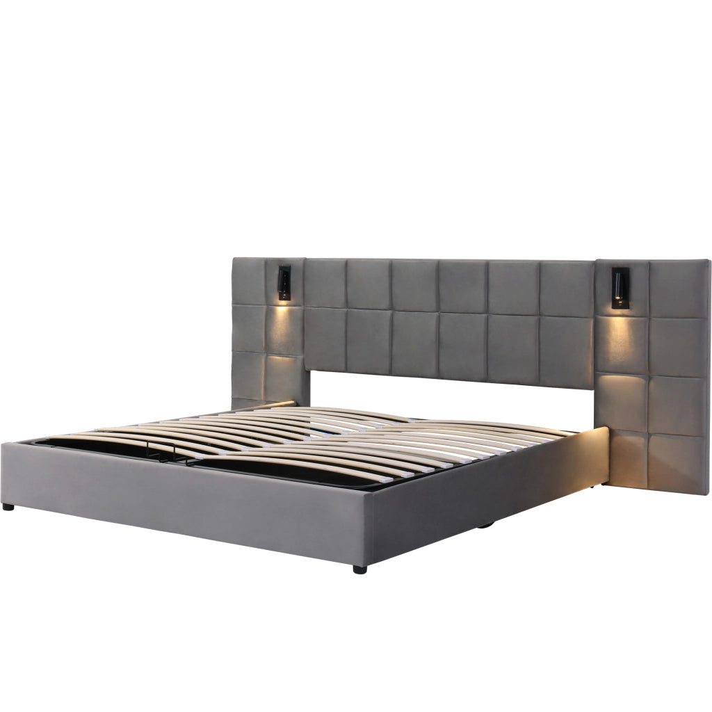 Letti contenitori 180x200 cm; contenitore con luce da lettura USB; acciaio grigio (Senza materasso)