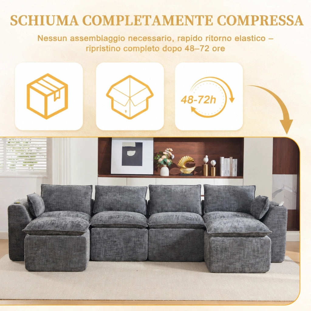 Divano modulare 4 posti con due pouf e portabicchieri; ciniglia; grigio scuro