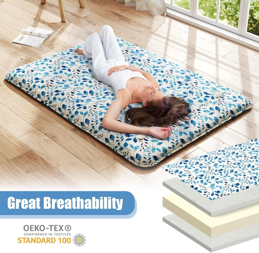 Futon - Materasso giapponese portatile 140 x 200 cm, imbottitura in cotone, materasso da terra pieghevole per 2 persone, borsa per il trasporto, fodera lavabile, 2 fasce, tatami pieghevole per