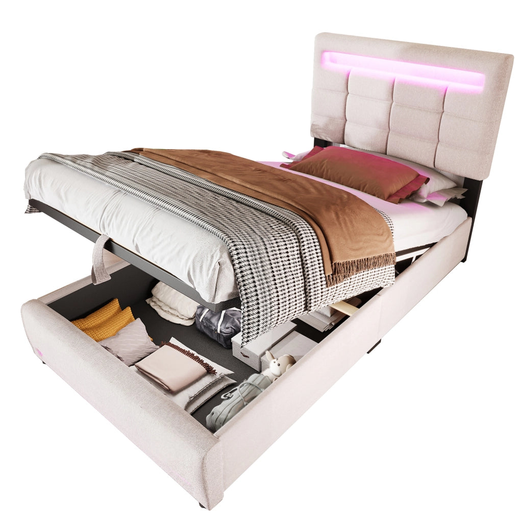 Letto imbottito 90x200 cm in lino beige con LED APP; USB e contenitore idraulico
