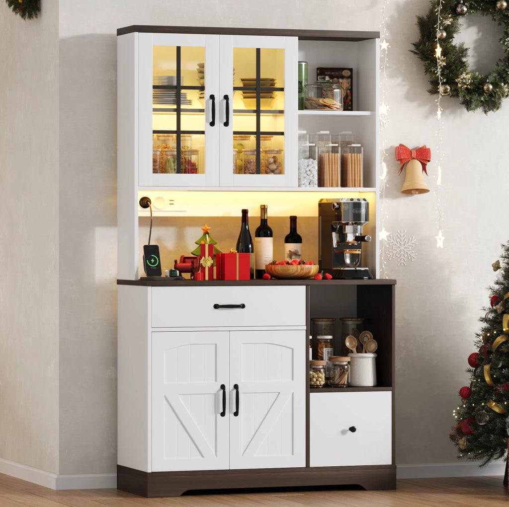 Credenza cucina stile vintage con LED RGB APP; prese USB; ripiani regolabili; 105x40x185 cm; naturale e bianco