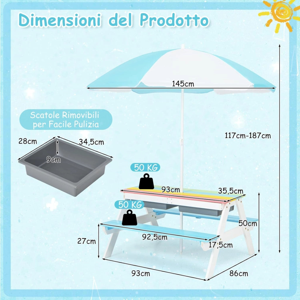 Set Tavolo e Sedie per Bambini da Giardino 3 in 1, con Ombrellone Rimovibile e Regolabile, Piano Rimovibile, Tavolo con Panche in Legno per Bambini da Interno Esterno (Blu e Bianco)