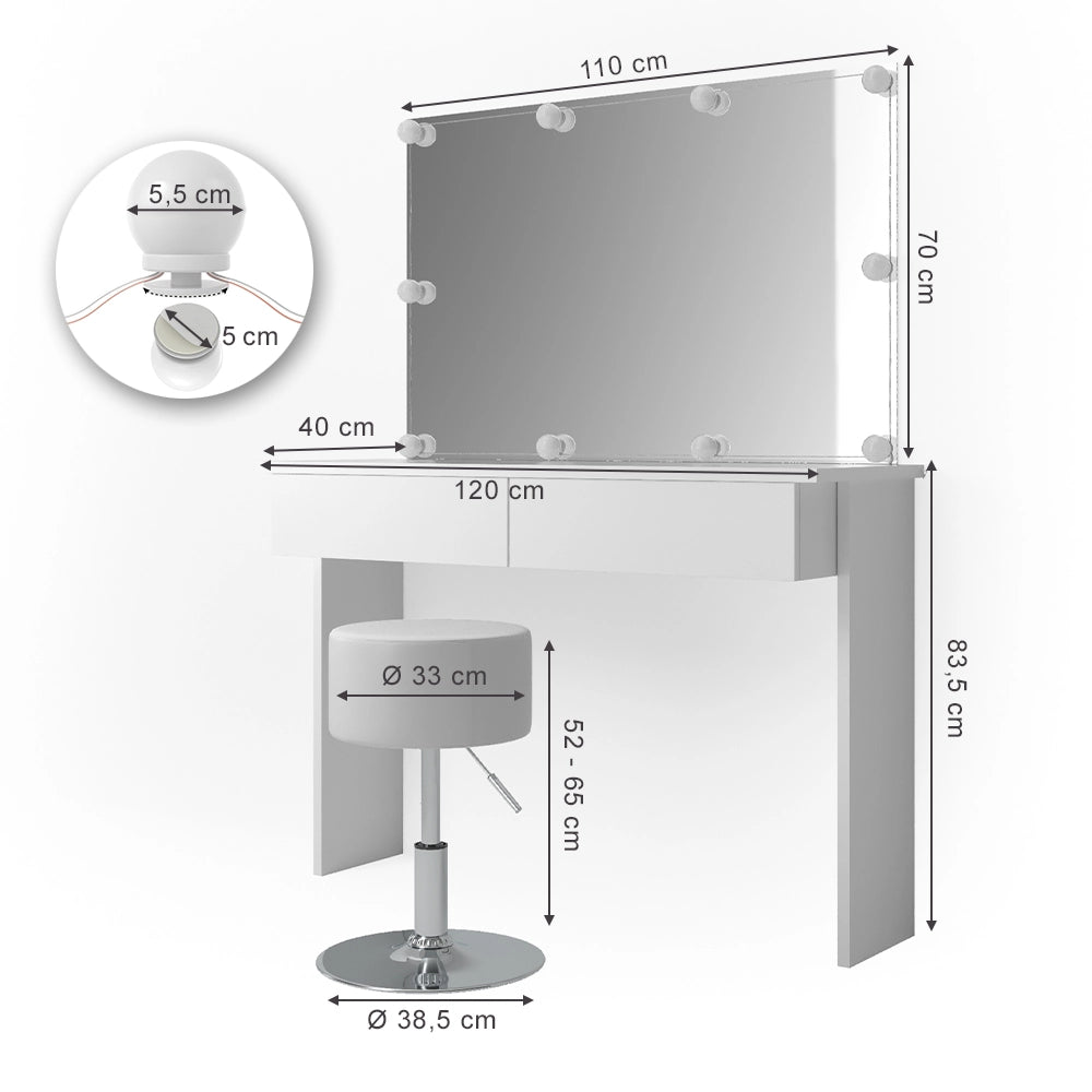 Vicco Tavolo da toeletta Bianco 120 cm con illuminazione LED e sgabello