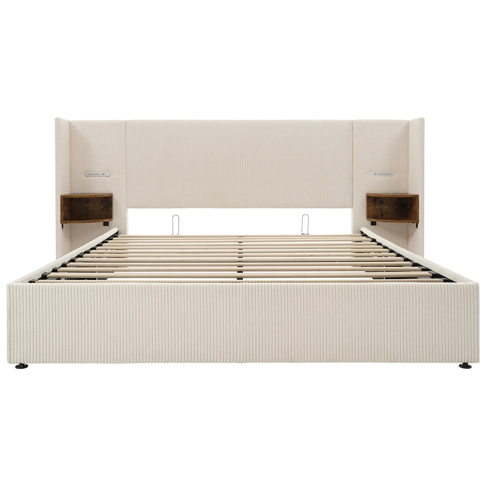 Letto matrimoniale con cassetti - Xylo - 180??200 cm - Beige e Bianco - Velluto costato, comodini con luce e USB-C
