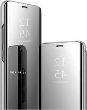 Cassa di supporto trasparente con finestra specchiata per Samsung Galaxy S25 5G. Copertura shockbestendiga con funzione di blocco e finitura argentata.