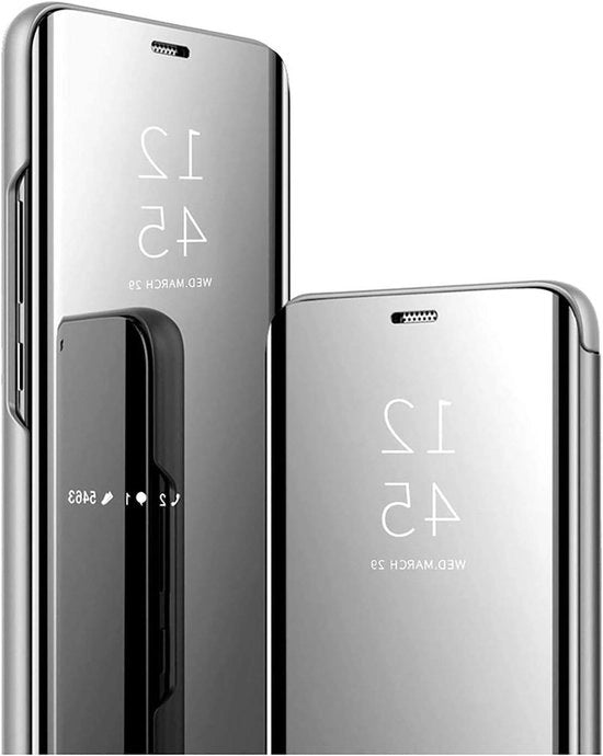 Cassa di supporto trasparente con finestra specchiata per Samsung Galaxy S25 5G. Copertura shockbestendiga con funzione di blocco e finitura argentata.