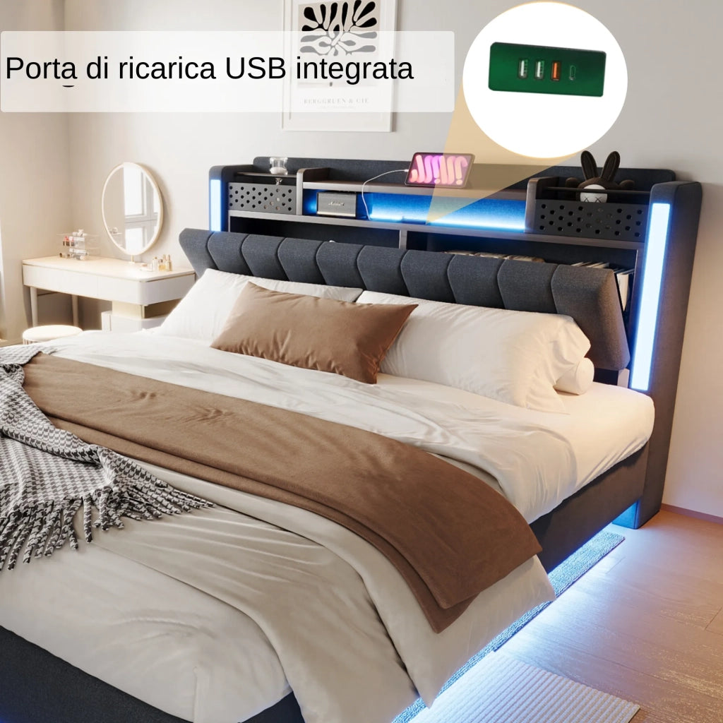 Letto matrimoniale imbottito 160x200 cm con LED; USB; testiera contenitore e rete; grigio