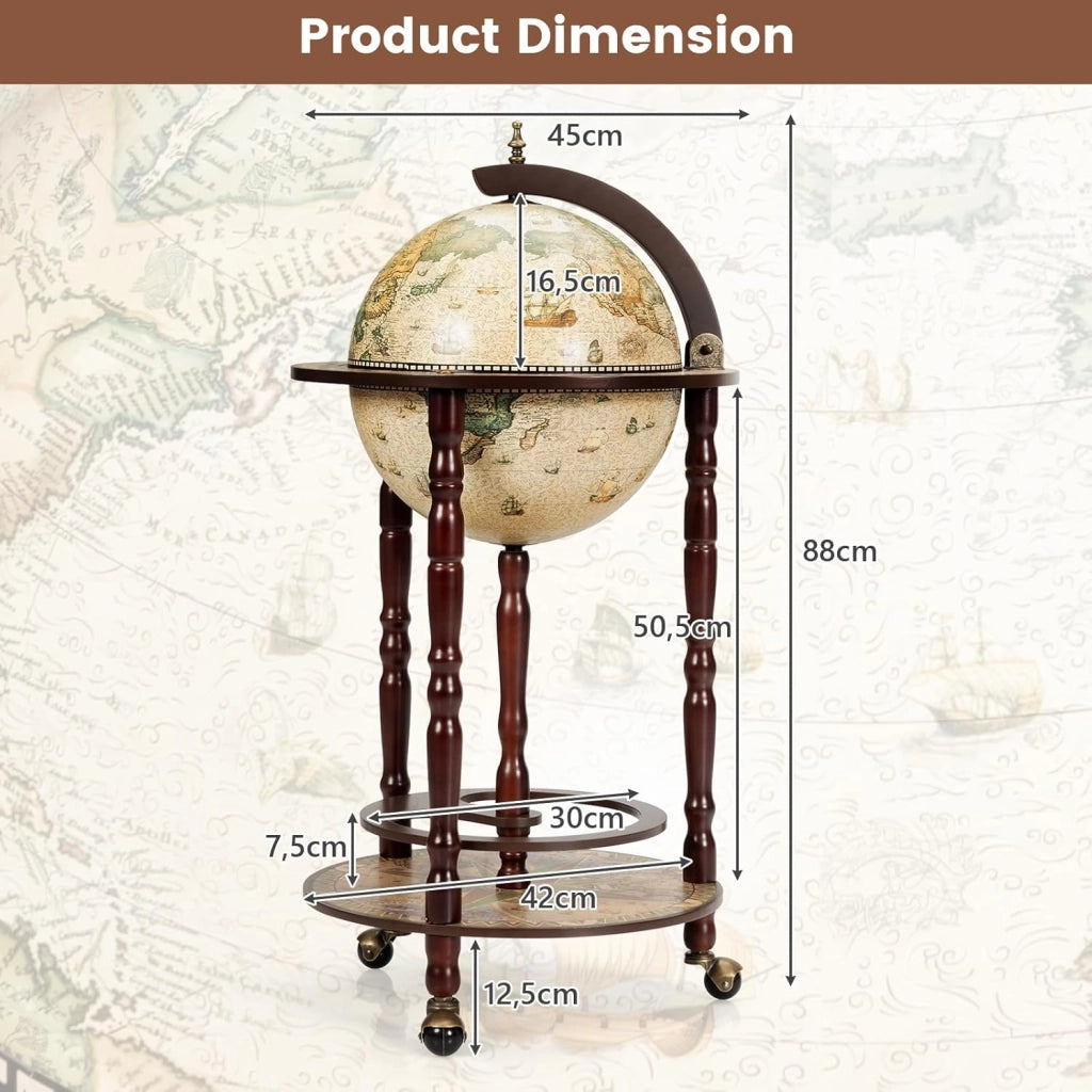 Portavino a Mappamondo, Portabottiglie a Forma di Mappamondo, Scaffale per Vino con Ruote,Porta Liquori Stile Retrò, Supporto per Bottiglia in Legno, 88 x 45 x 45cm