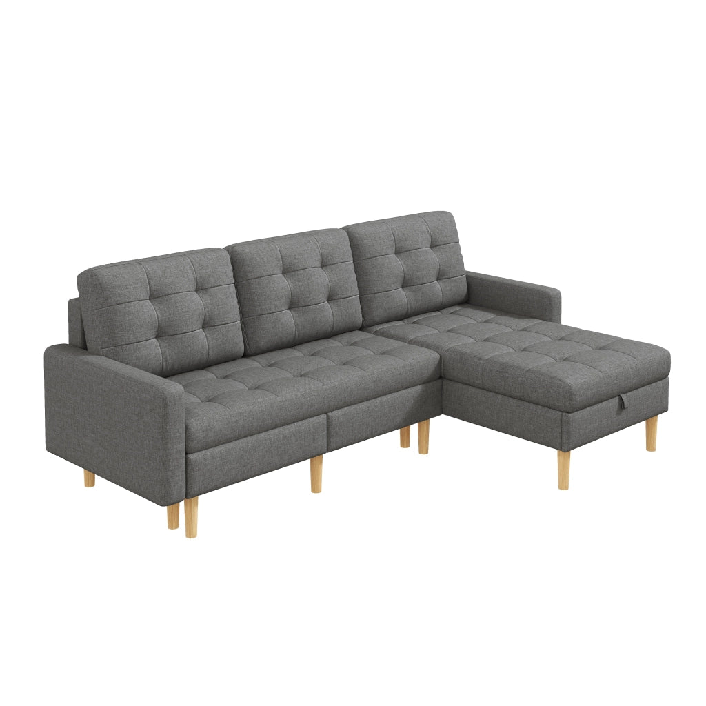 Divano angolare 3 posti con chaise longue reversibile e vano contenitore in tessuto grigio