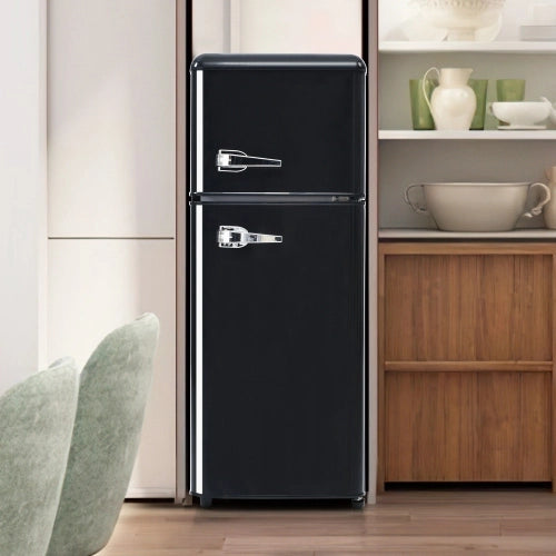 Frigorifero retrò; frigorifero congelatore; volume totale 92L; compartimento congelatore 28L; luce LED; efficiente energetico; nero