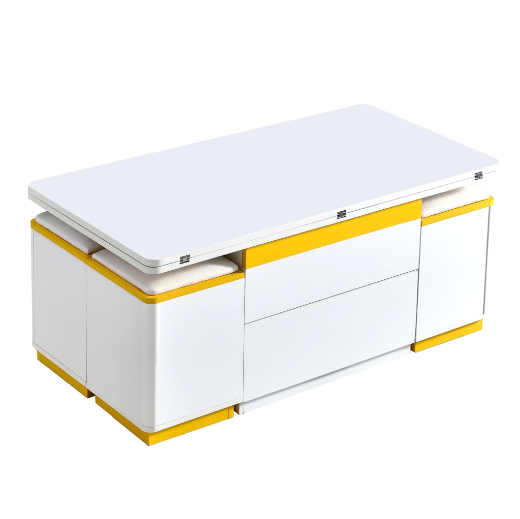 Tavolino da caffè sollevabile 100x50x43 cm bianco e giallo, contenitore integrato, MDF/PB