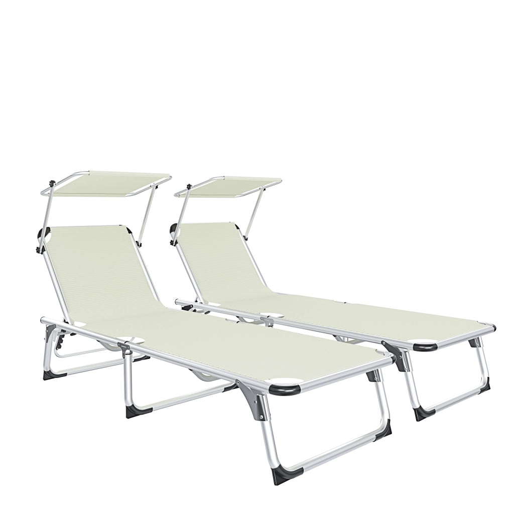 Coppia Di Lettini Pieghevole Prendisole Tettuccio Parasole Schienale Reclinabile Regolabile 6 Posizioni Struttura In Alluminio Sedia Sdraio Spiaggia Mare Giardino Piscina 187 x 59 x 29 Cm (Beige)