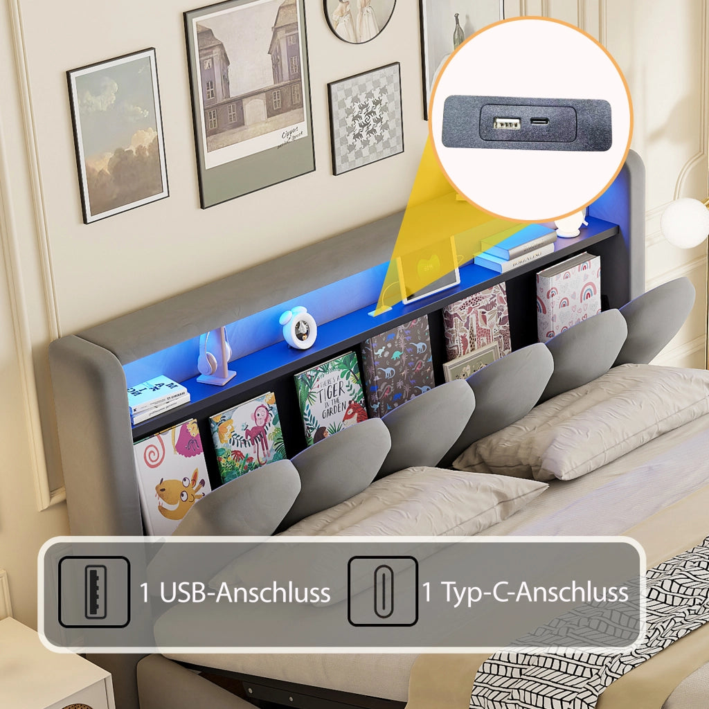 Letto Matrimoniale 180x200 cm; 2 Posti; Contenitore; USB; Type-C e LED; Velluto Grigio