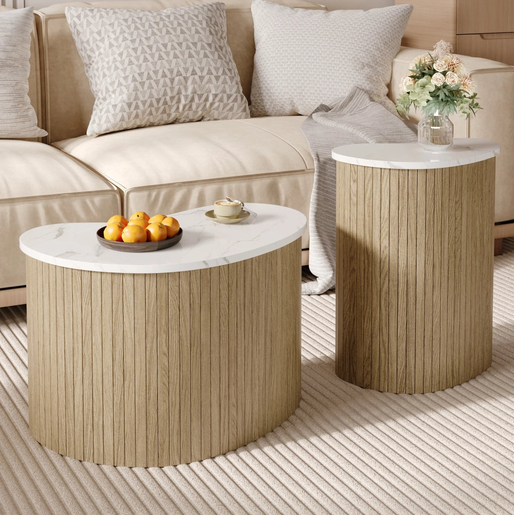 Set di 2 tavolini da caffè curvi in MDF naturale e bianco
