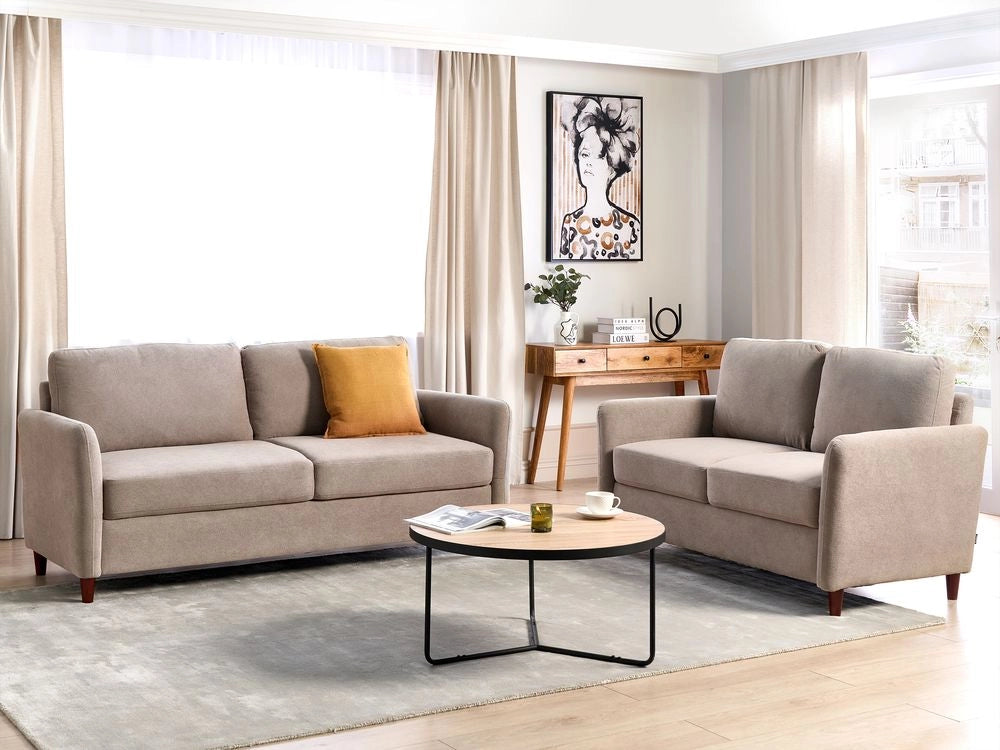 Set da salotto costituito da divani da 2 e 3 posti rivestito in tessuto con braccioli tortora soggiorno stile moderno