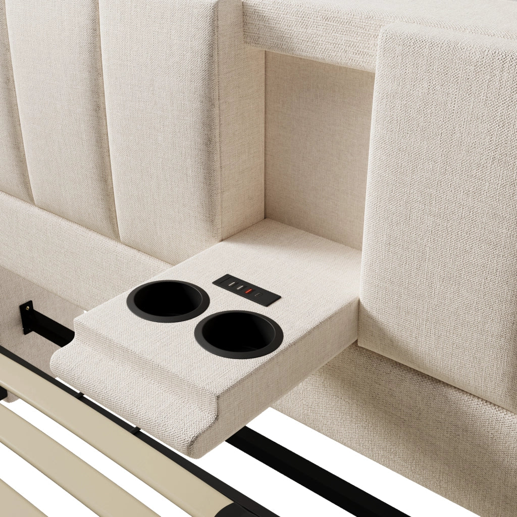 Letti contenitori 180x200 cm; con porta USB e portabicchieri; lino beige (Senza materasso)