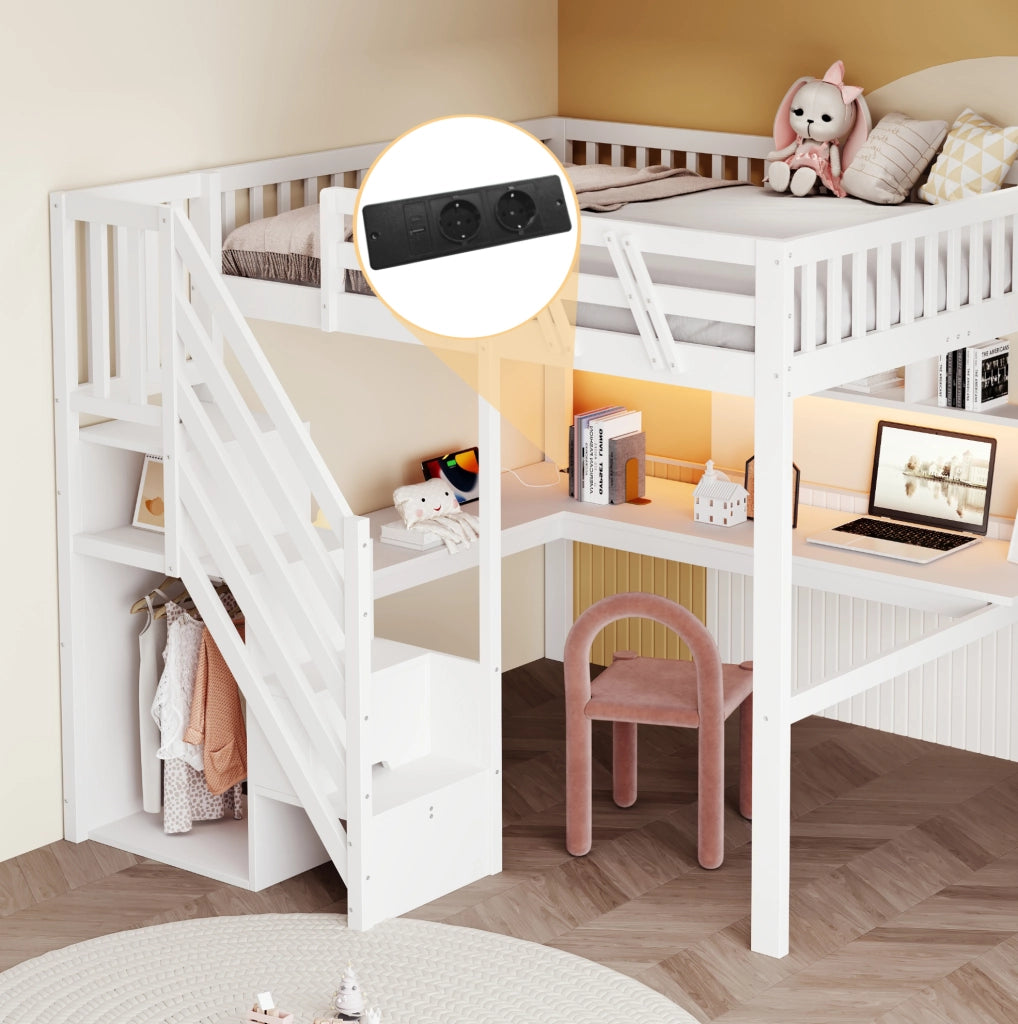 Letto a soppalco 140x200 cm con scrivania; scale contenitore e LED; legno bianco
