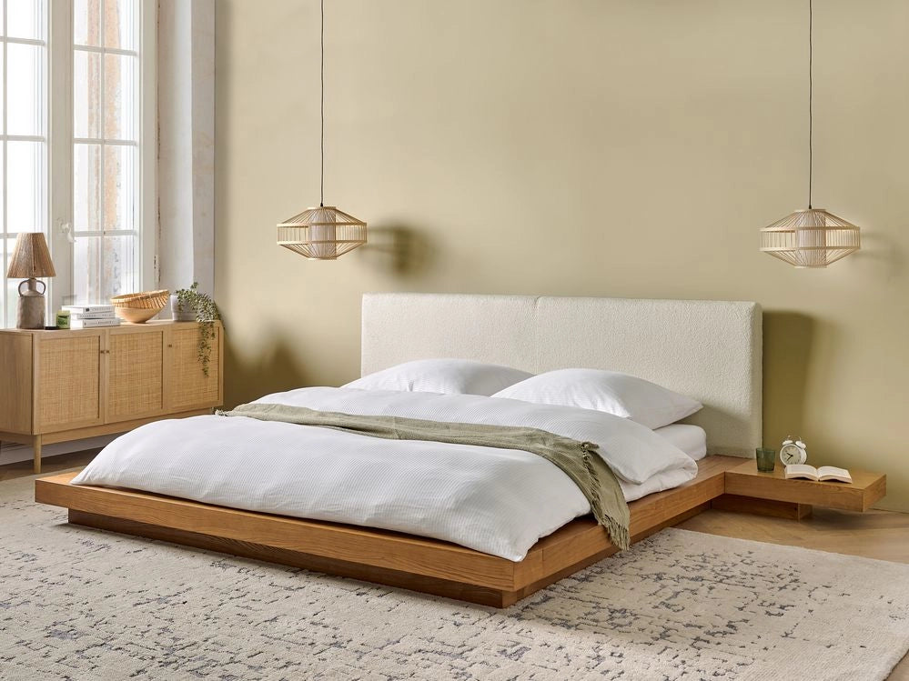 Letto stile Giapponese moderno 180 x 200 cm Comodini Laterali Testiera Boucle Legno chiaro