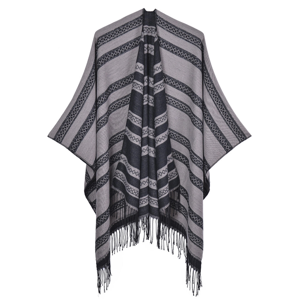 Sciarpa/mantella da donna con nappe, in cashmere spesso, reversibile, alla moda