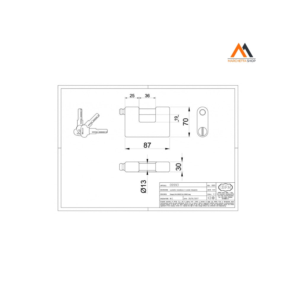LUCCHETTO MONOBLOCCO ACCIAIO TEMPERATO MM 87
